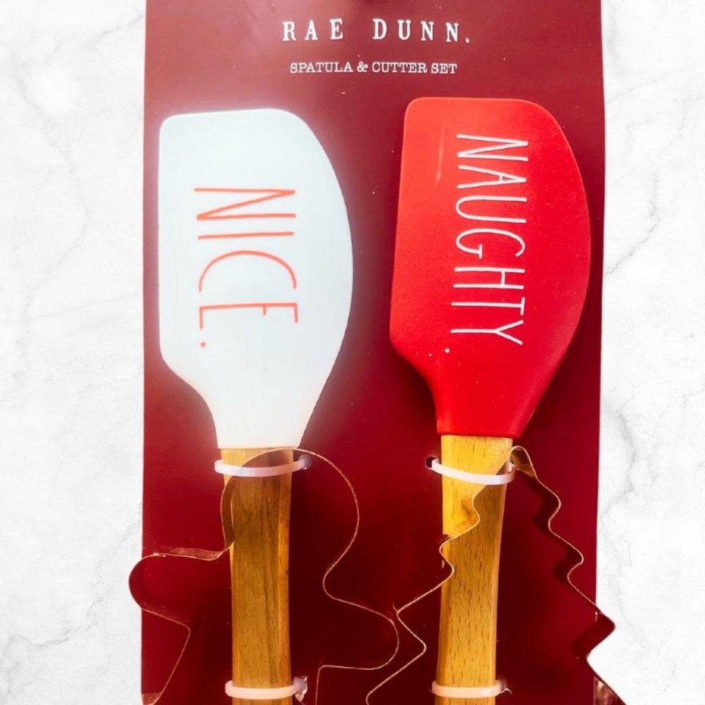 Rae Dunn Spatula and cutter set Naughty Nice Red white